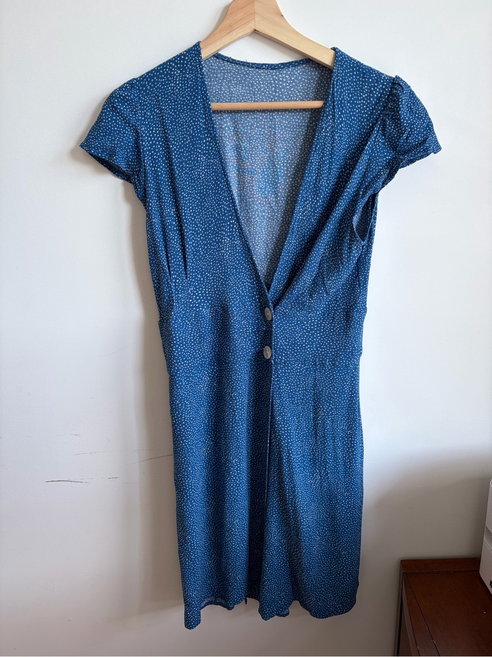 Rouge Blue Dot Midi Dress with Cap Sleeves